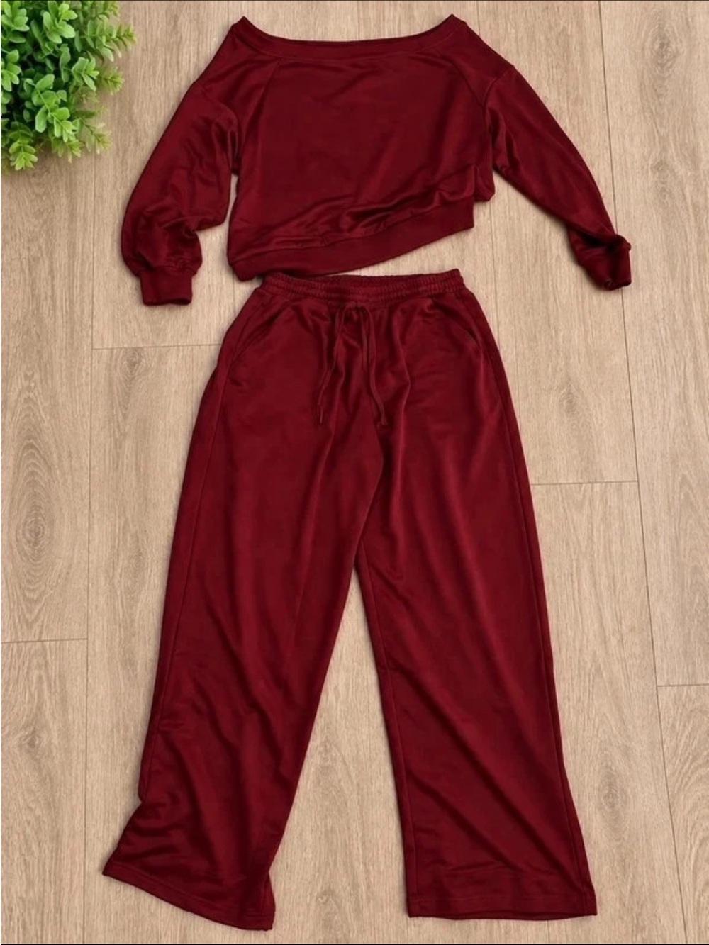 Women's Burgundy Lounge Pants Set - Relaxed Wide Leg
